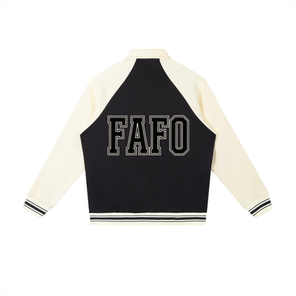 Back of black varsity baseball jacket with cream sleeves and the full word FAFO in black block letters