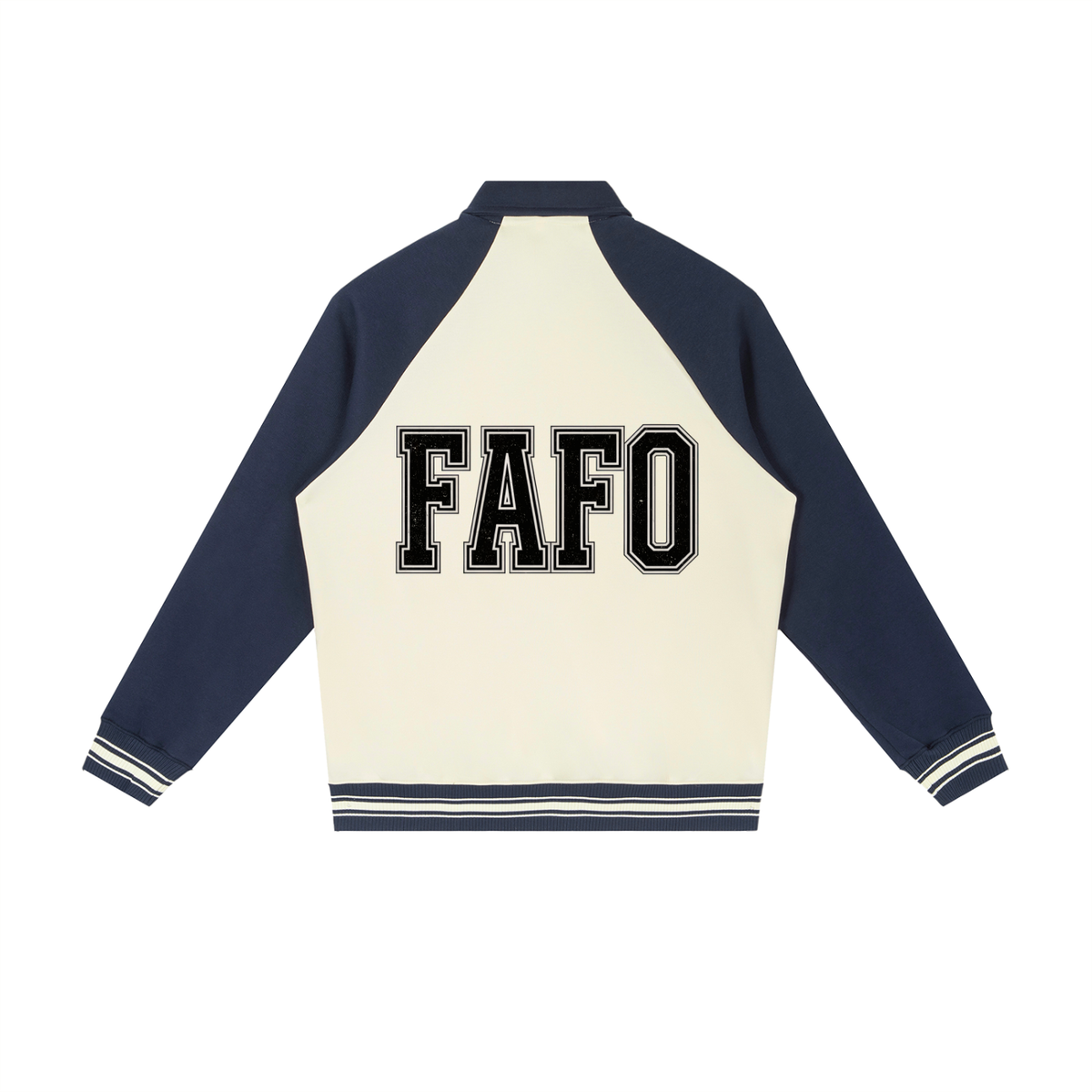 Back of cream varsity baseball jacket with navy blue sleeves and the full word FAFO in black block letters