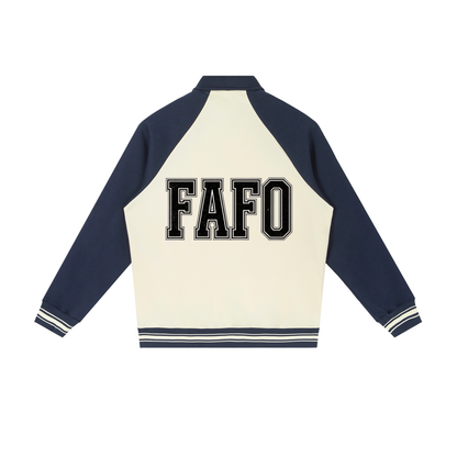 Back of cream varsity baseball jacket with navy blue sleeves and the full word FAFO in black block letters