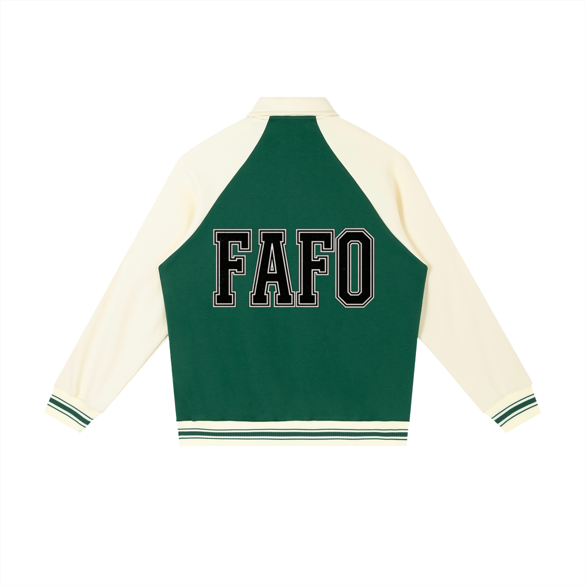 Back of green varsity baseball jacket with cream sleeves and the full word FAFO in black block letters