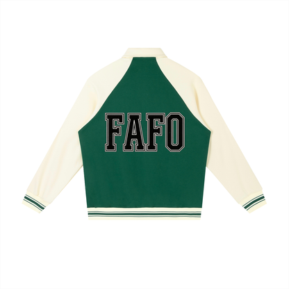 Back of green varsity baseball jacket with cream sleeves and the full word FAFO in black block letters