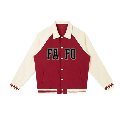 Front of garnet red varsity baseball jacket with cream sleeves and collar, FAFO lettering split by the buttons