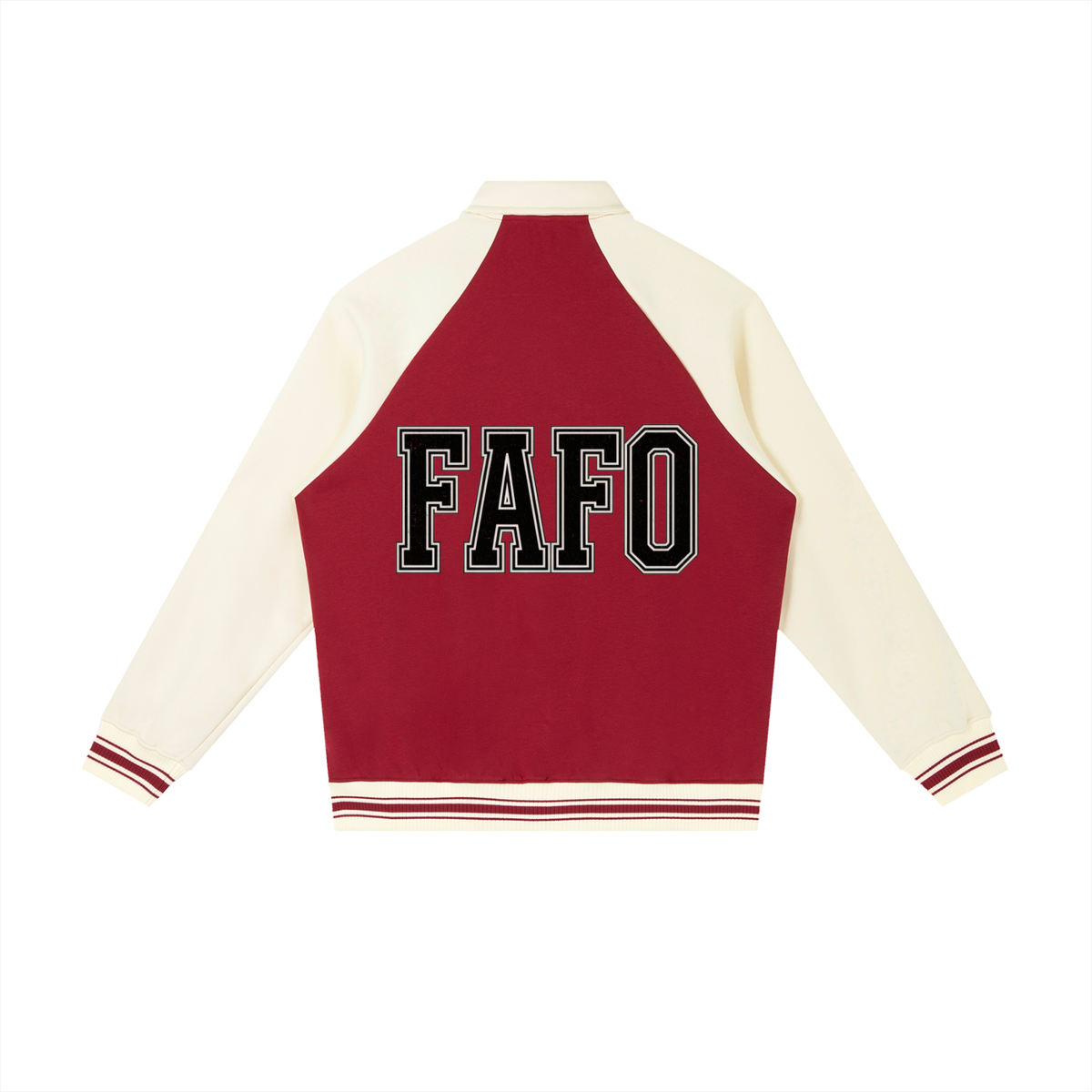 Back of garnet red varsity baseball jacket with cream sleeves and the full word FAFO in black block letters