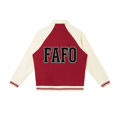 Back of garnet red varsity baseball jacket with cream sleeves and the full word FAFO in black block letters