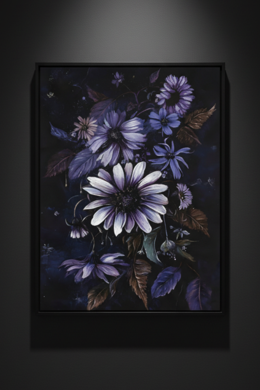 Violet Daisies at Midnight, art print