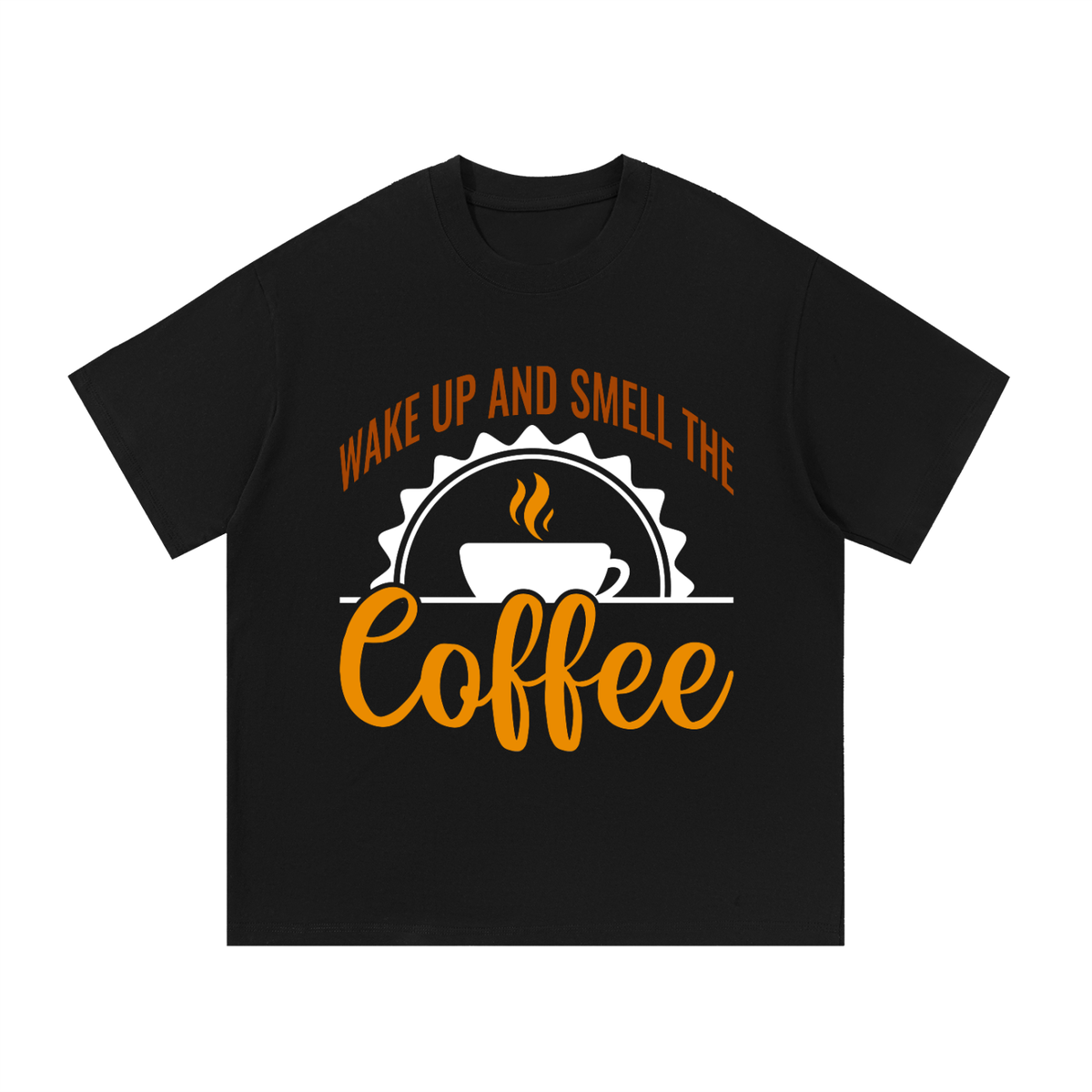 Black oversized cotton t-shirt with a rust brown Wake up and smell the coffee design with a white coffee cup and orange cursive Coffee on the front