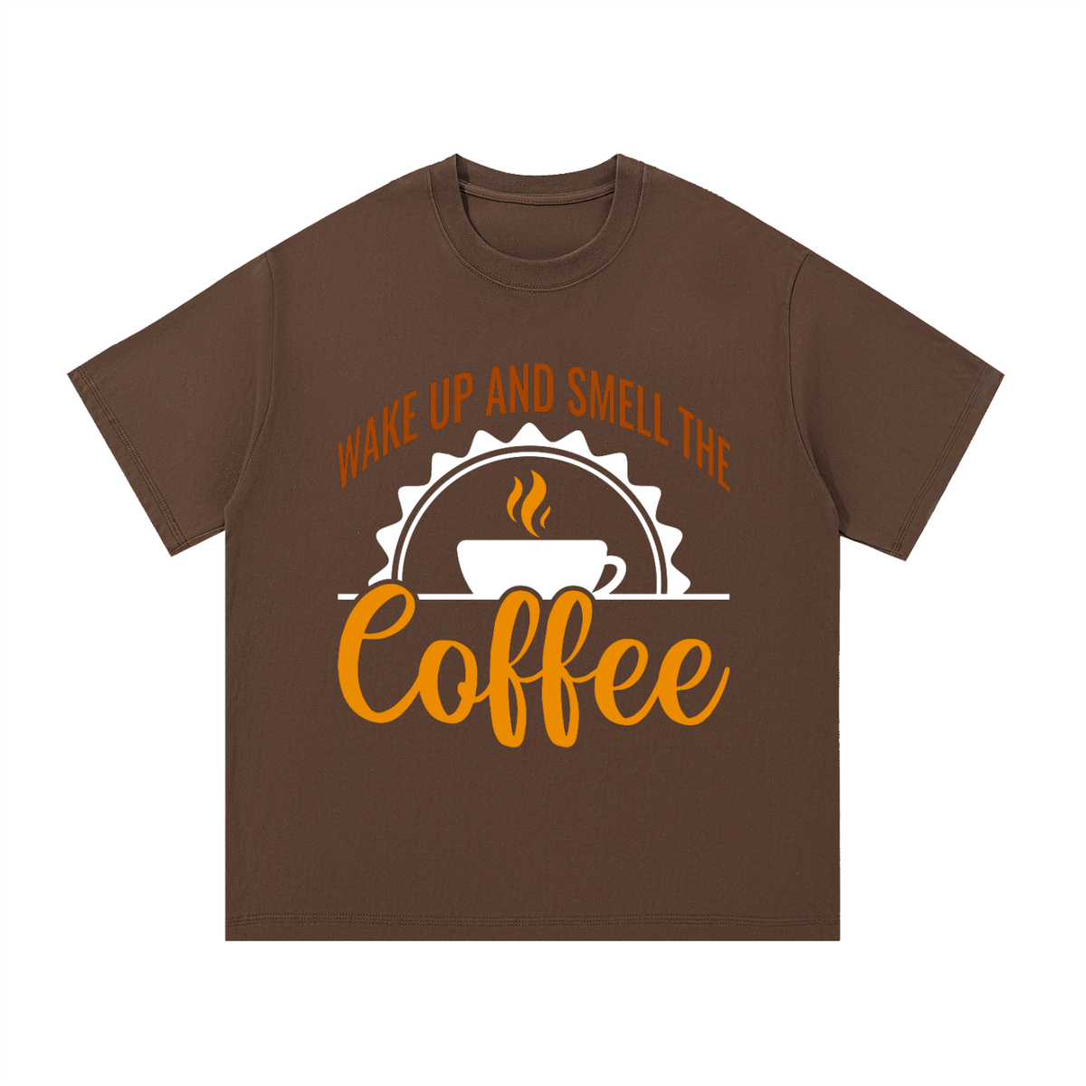 Coffee oversized cotton t-shirt with a rust brown Wake up and smell the coffee design with a white coffee cup and orange cursive Coffee on the front