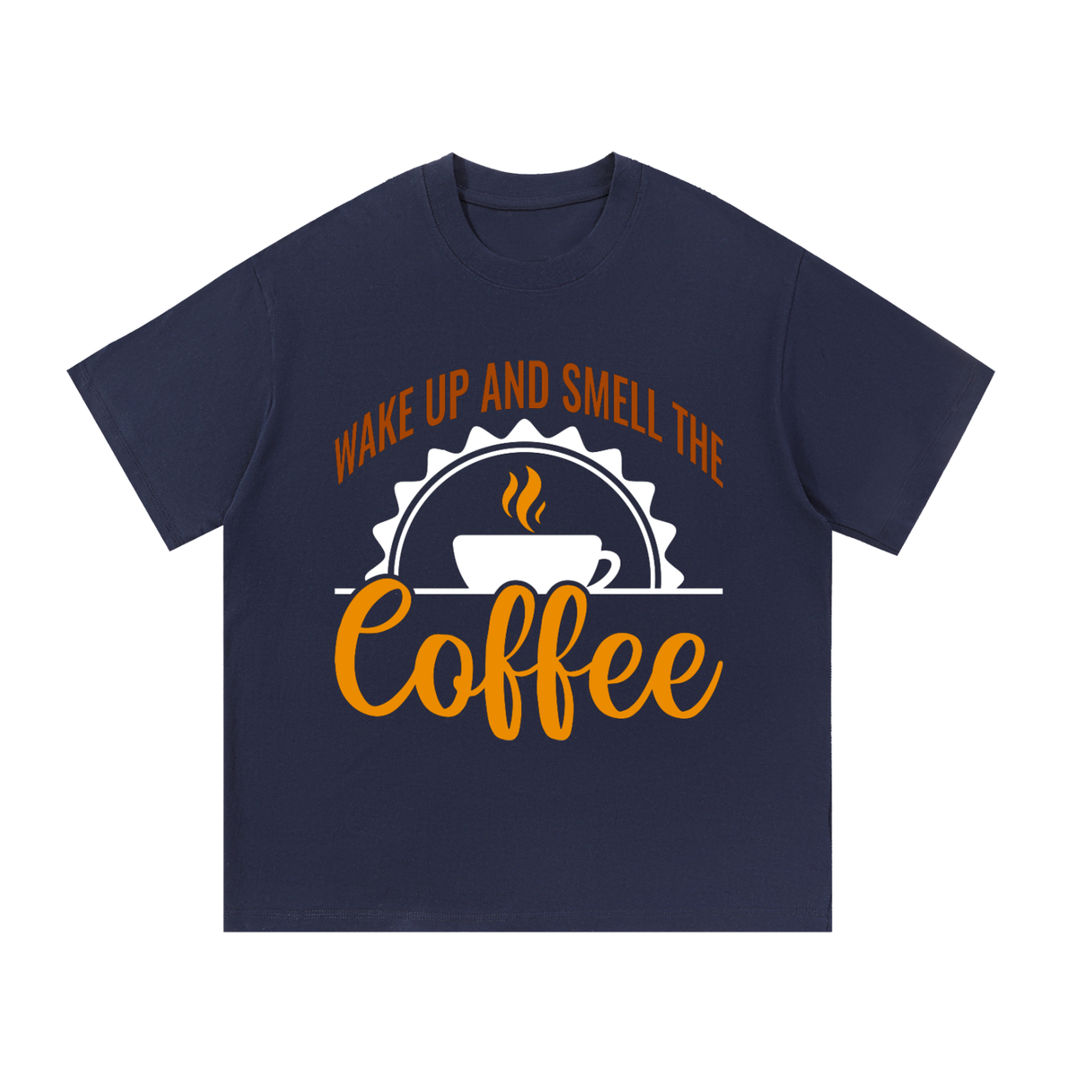 Navy Blue oversized cotton t-shirt with a rust brown Wake up and smell the coffee design with a white coffee cup and orange cursive Coffee on the front
