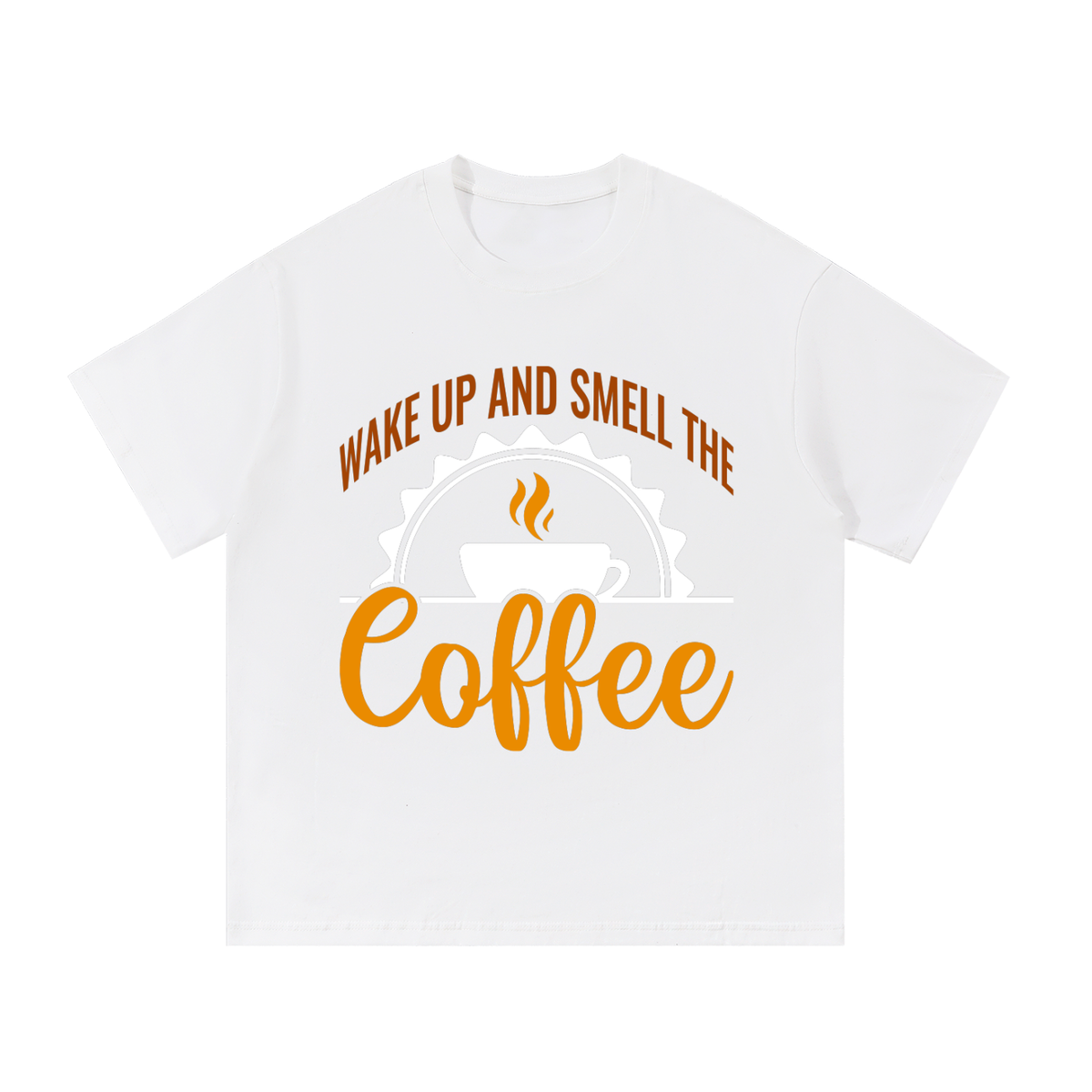 White oversized cotton t-shirt with a rust brown Wake up and smell the coffee design with a white coffee cup and orange cursive Coffee on the front