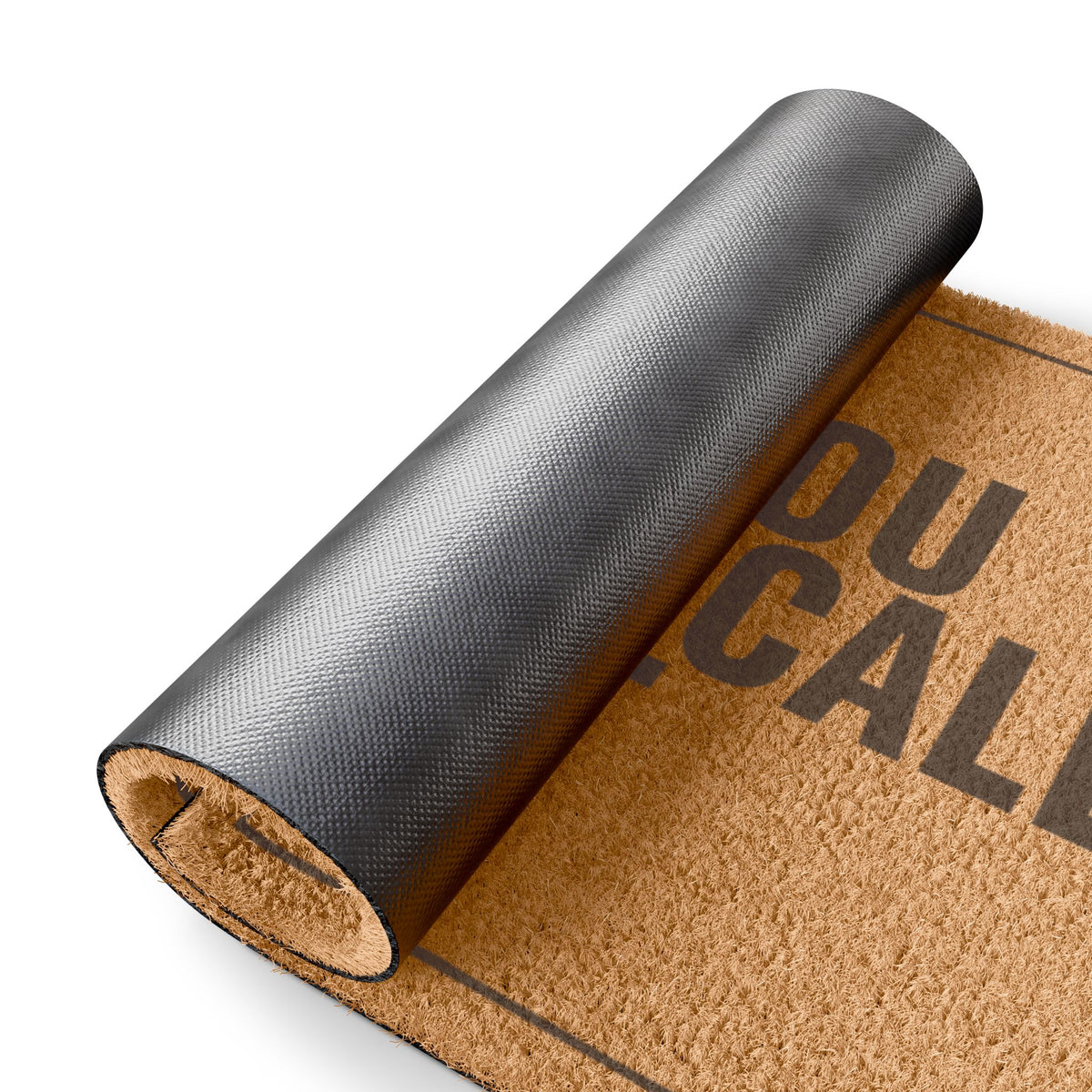 Rolled-up corner of the Were You Going to Call First coir doormat showing the black vinyl backing