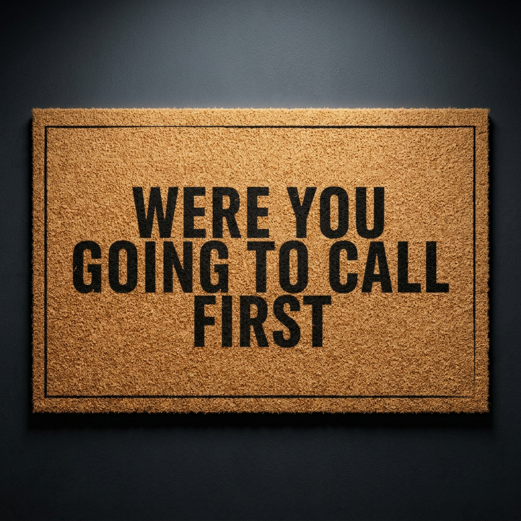 Were You Going to Call First coir doormat with dark lettering on natural tan coir, shown on a dark studio backdrop