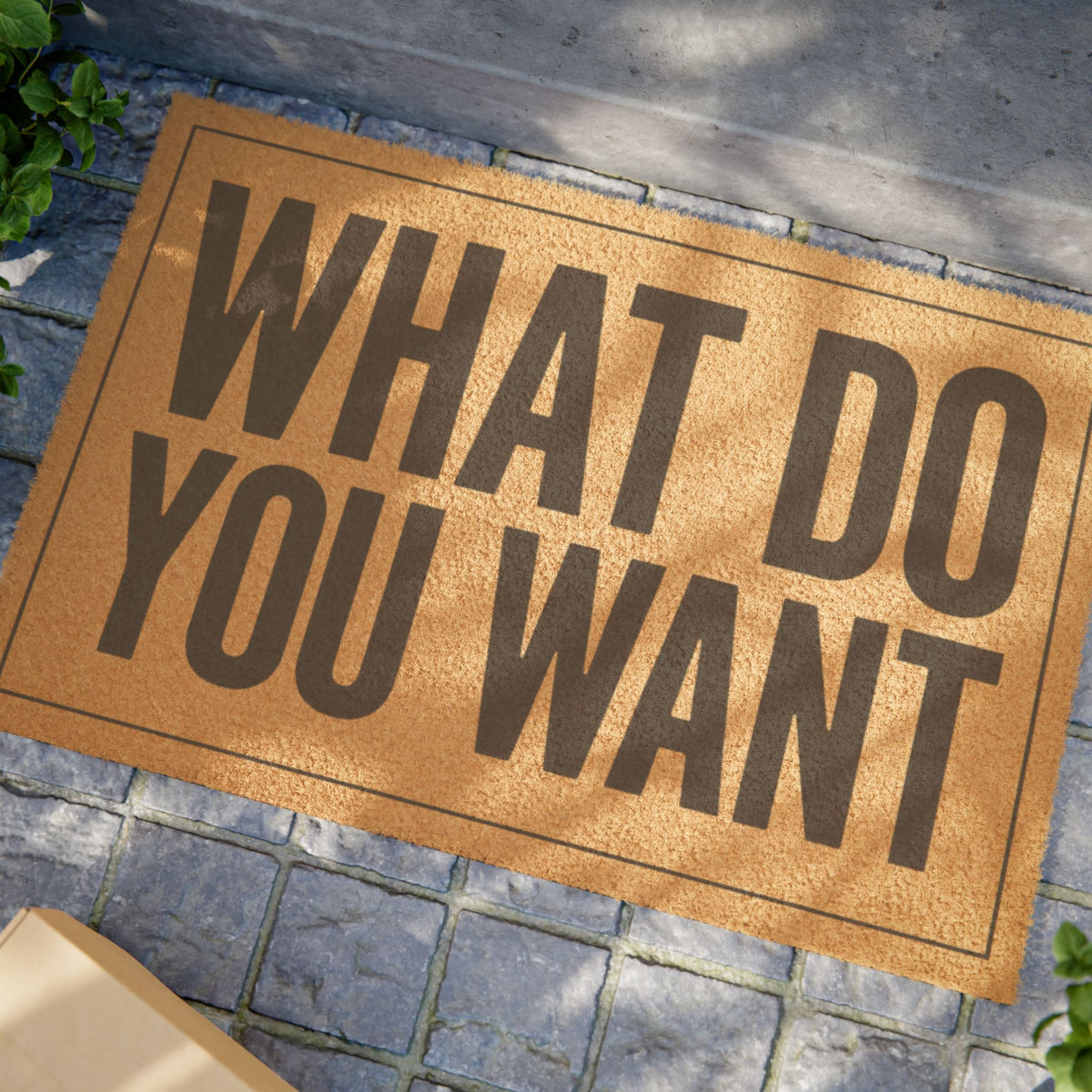 Close view of the What Do You Want coir doormat on a stone patio in dappled sunlight