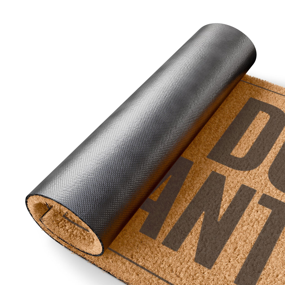 Rolled-up corner of the What Do You Want coir doormat showing the black vinyl backing