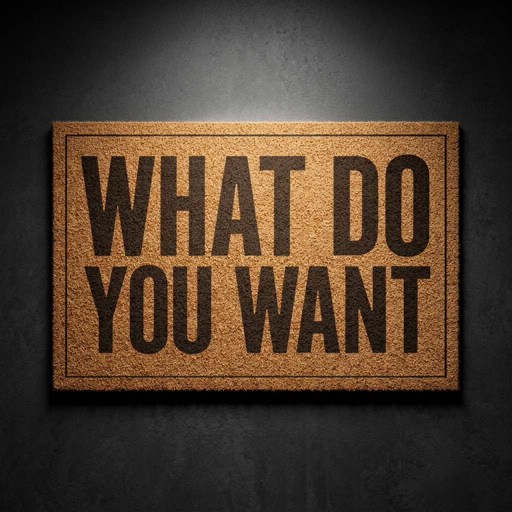 What Do You Want coir doormat with dark lettering on natural tan coir, shown on a dark studio backdrop