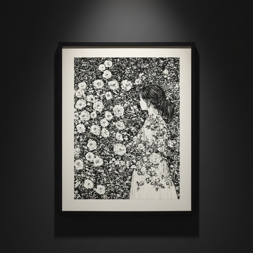 A black and white art print featuring a detailed illustration of a woman in a floral dress standing in front of a dense flower field, shown centered on a white background.