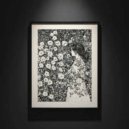 A black and white art print featuring a detailed illustration of a woman in a floral dress standing in front of a dense flower field, shown centered on a white background.