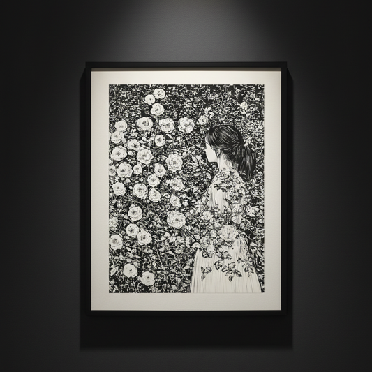 A black and white art print featuring a detailed illustration of a woman in a floral dress standing in front of a dense flower field, shown centered on a white background.