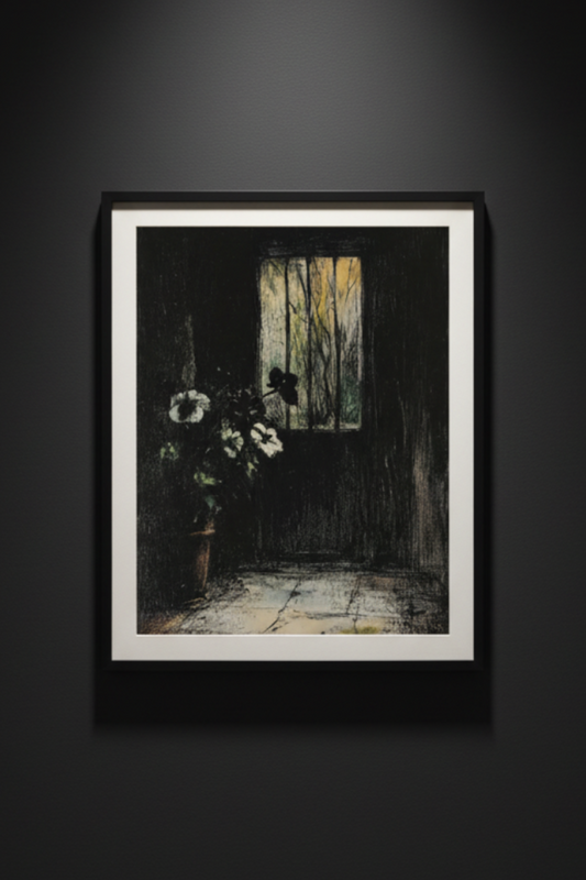 White Flowers at the Barred Window, art print