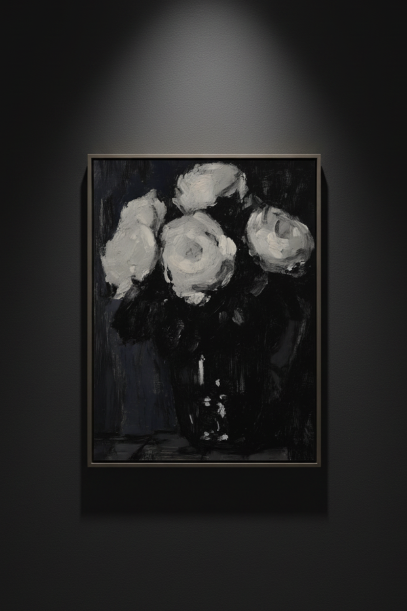White Roses in the Dark Vase, art print
