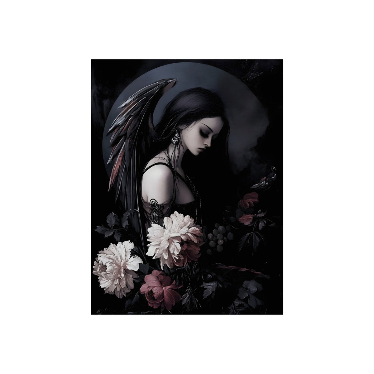 Winged in Bloom gothic winged woman and flowers fine art print