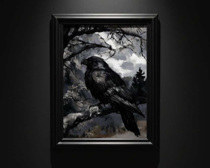 A vertical art print depicting a black raven perched on a snowy branch, set against a dark winter forest and cloudy sky in grayscale tones.