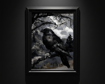 A vertical art print depicting a black raven perched on a snowy branch, set against a dark winter forest and cloudy sky in grayscale tones.