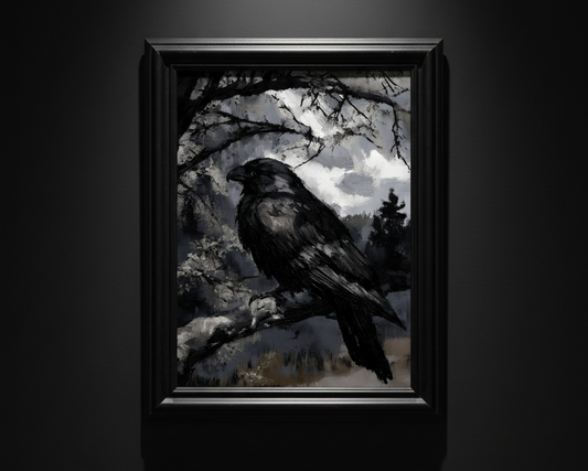 A vertical art print depicting a black raven perched on a snowy branch, set against a dark winter forest and cloudy sky in grayscale tones.