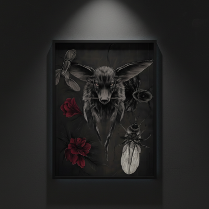 Wolf, Roses and Insect, art print