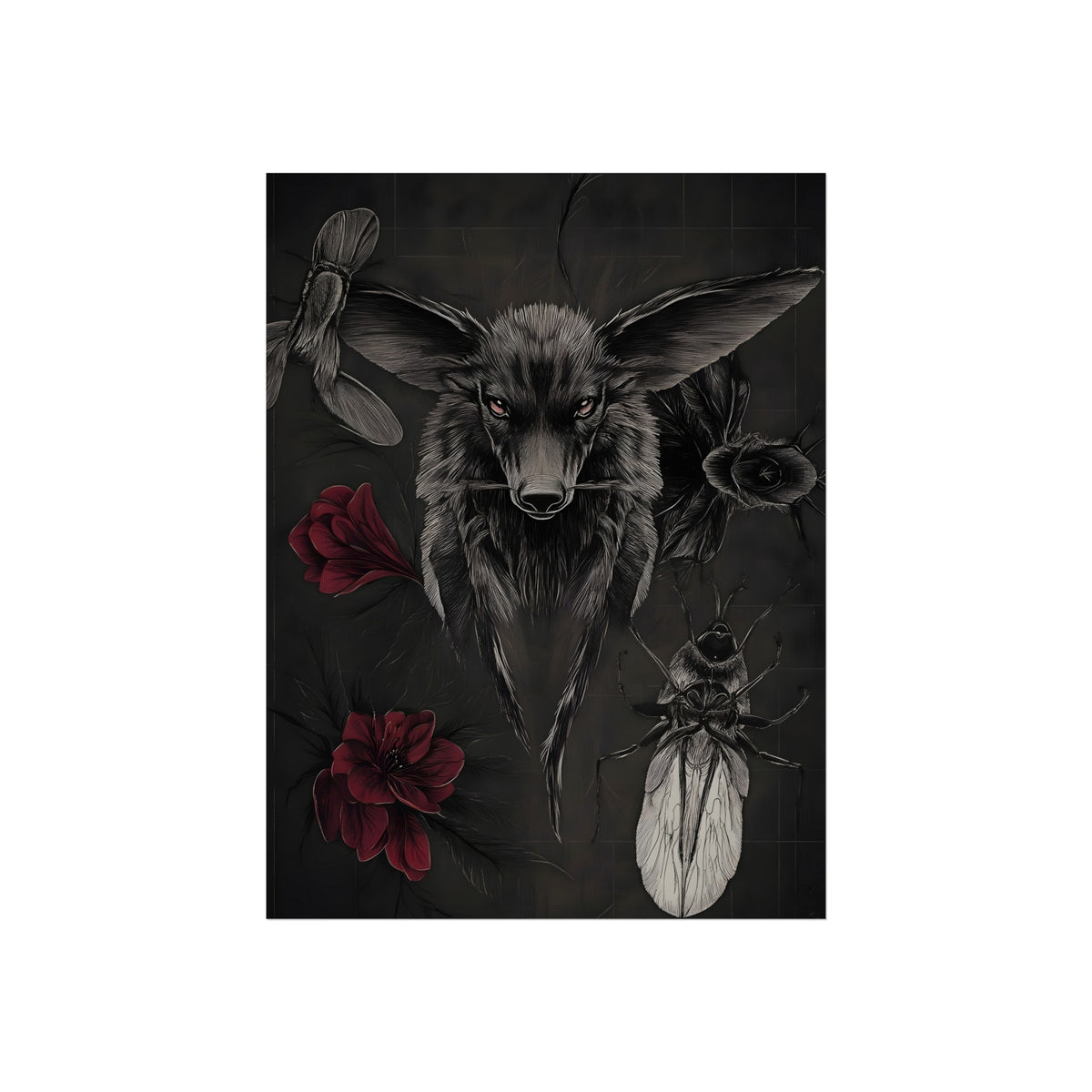 Wolf, Roses and Insect, art print, view 2