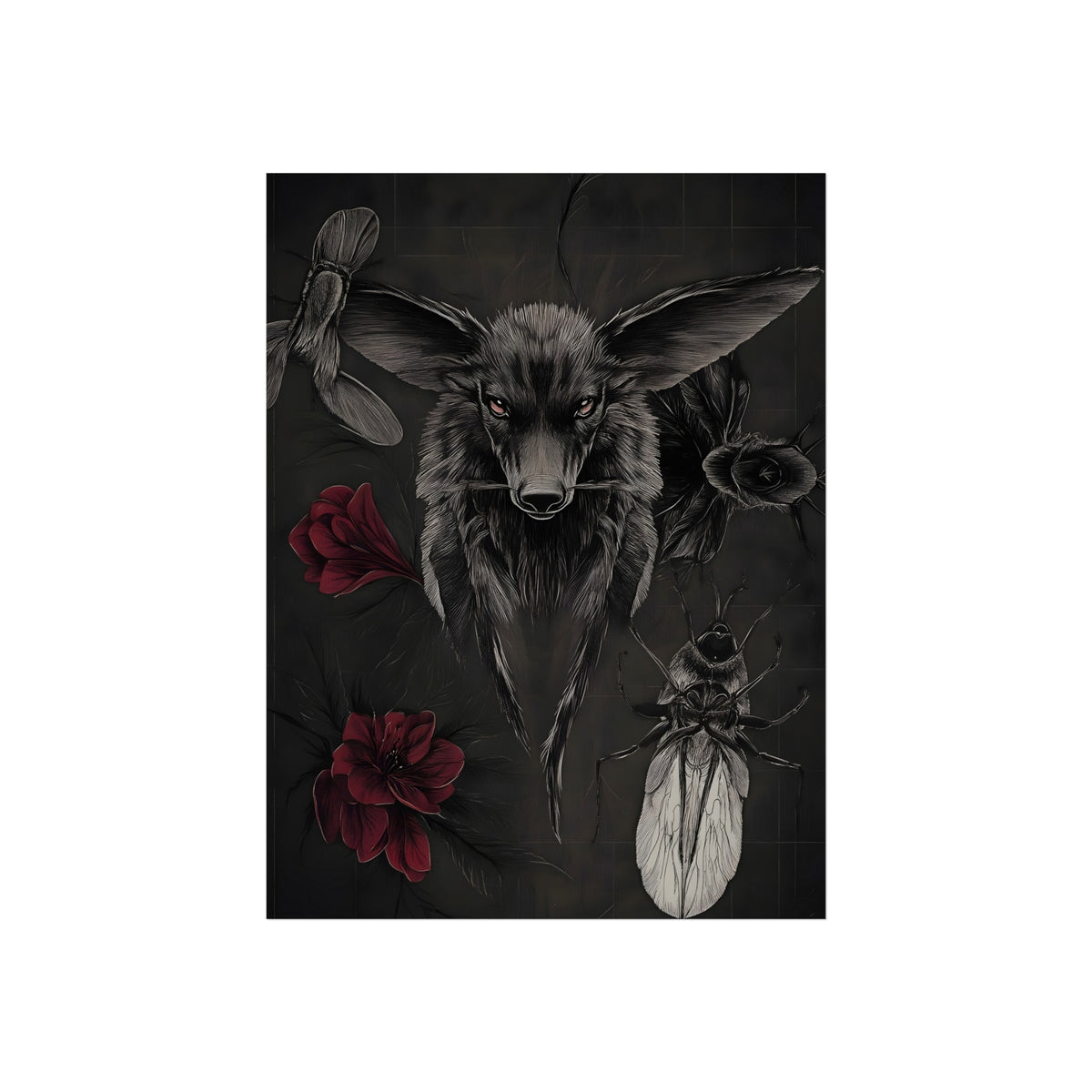 Wolf, Roses and Insect, art print, view 3