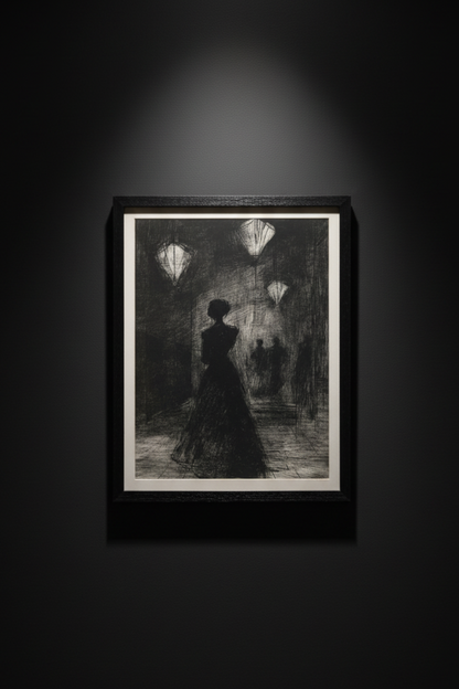 Woman Beneath the Hanging Lights, art print
