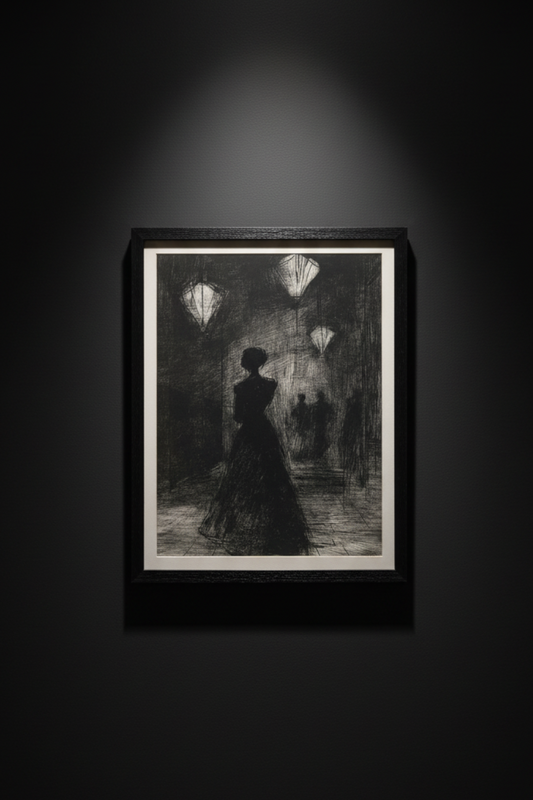 Woman Beneath the Hanging Lights, art print