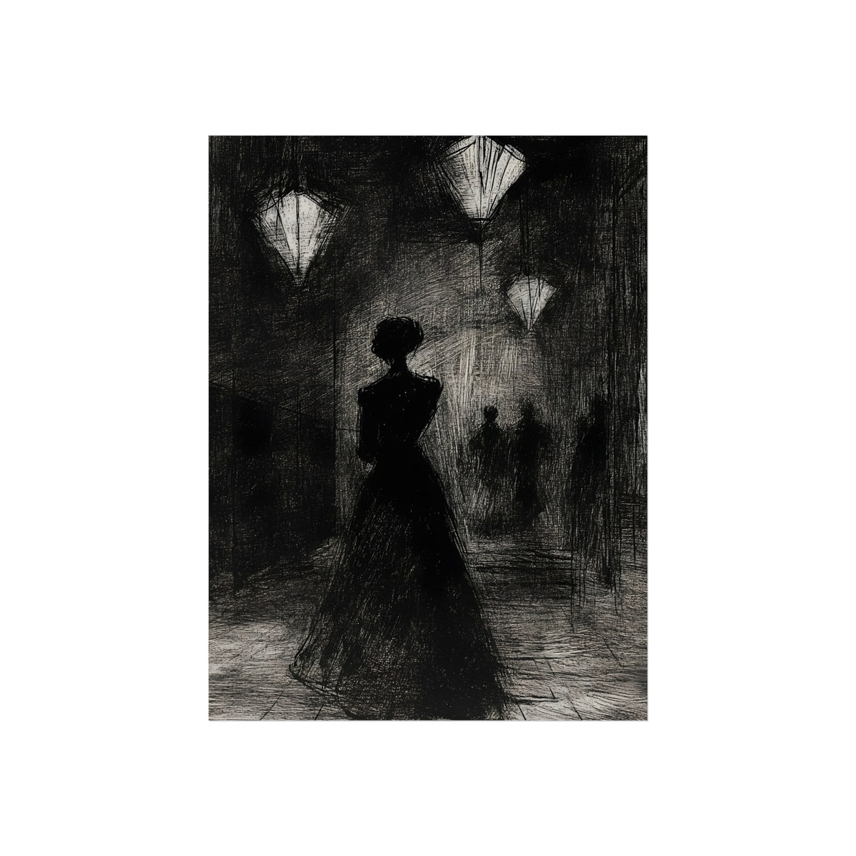 Woman Beneath the Hanging Lights, art print, view 2