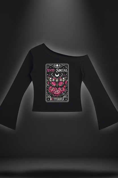 Women’s Antisocial Butterfly off-shoulder bell sleeve top in black
