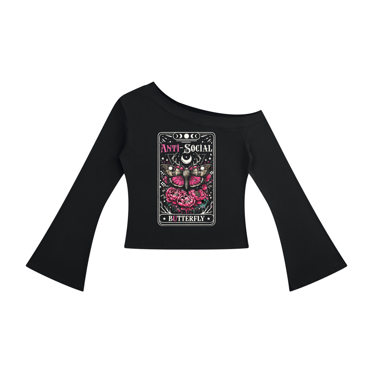Women’s Antisocial Butterfly Off-Shoulder Bell Sleeve Top - Black – product image 1