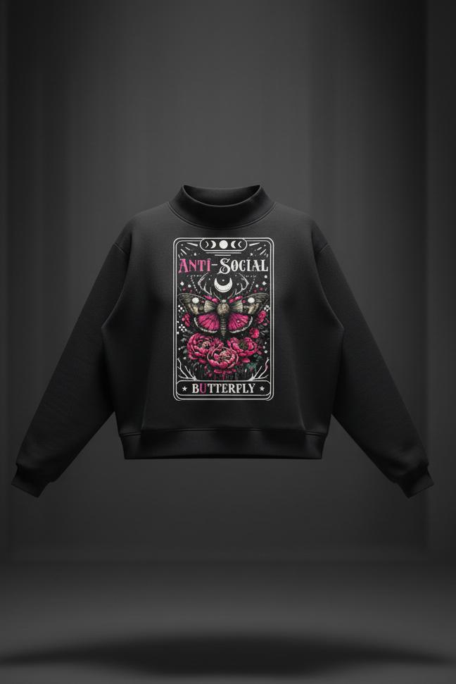 Women’s Antisocial Butterfly oversized mock-neck fleece sweatshirt in black