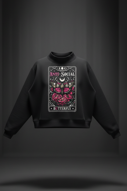 Women’s Antisocial Butterfly oversized mock-neck fleece sweatshirt in black