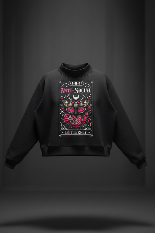 Women’s Antisocial Butterfly oversized mock-neck fleece sweatshirt in black