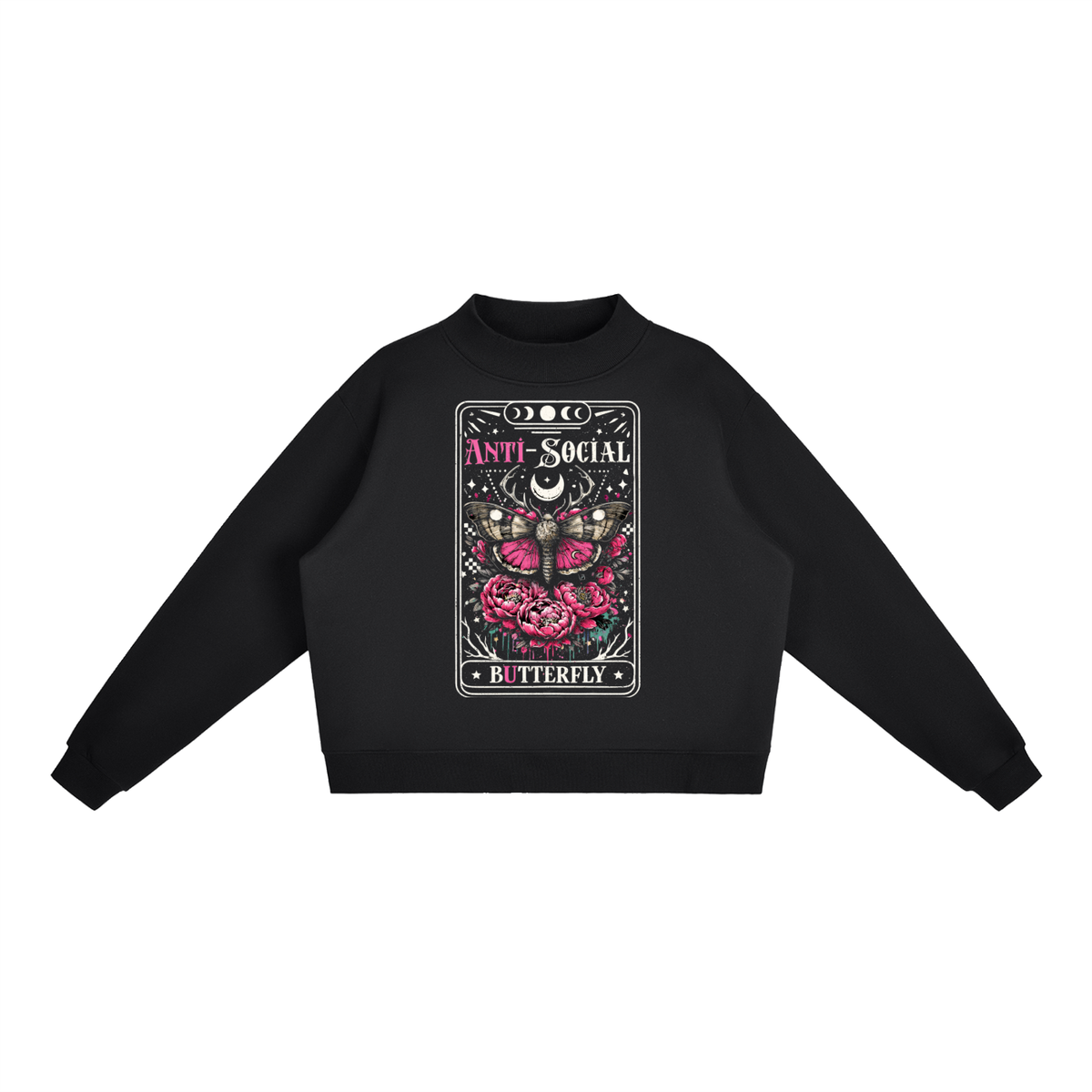 Women’s Antisocial Butterfly Oversized Mock-Neck Fleece Sweatshirt - Black – product image 1