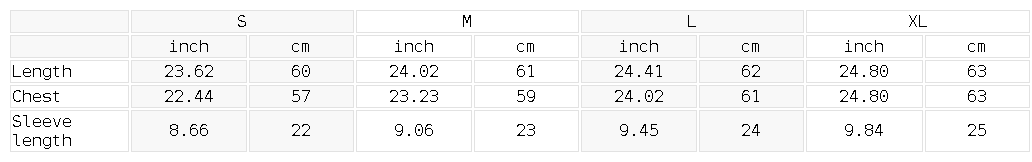 Size chart for the Women's Asymmetrical Cold Shoulder T-Shirt