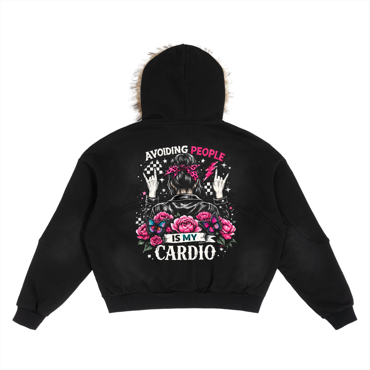 Women’s Avoiding People Is My Cardio Sunfade Detachable-Fur Hoodie