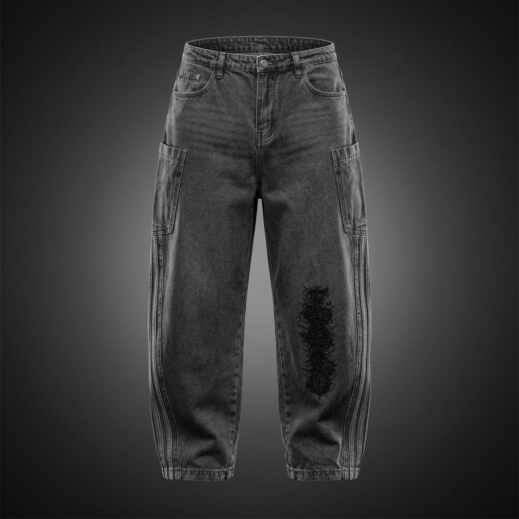 Black vintage wash barrel leg jeans with black Gothic FAFO lettering on the knee and light stripes down the side seams, shown against a dark studio backdrop