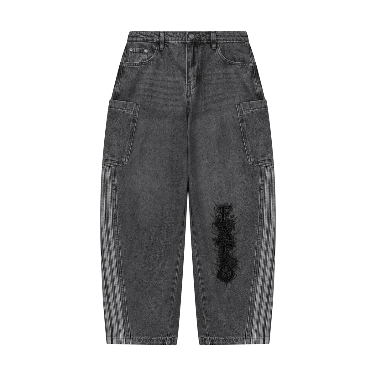 Front of black vintage wash barrel leg jeans with side patch pockets, light stripes down each side seam and Gothic FAFO lettering on one leg