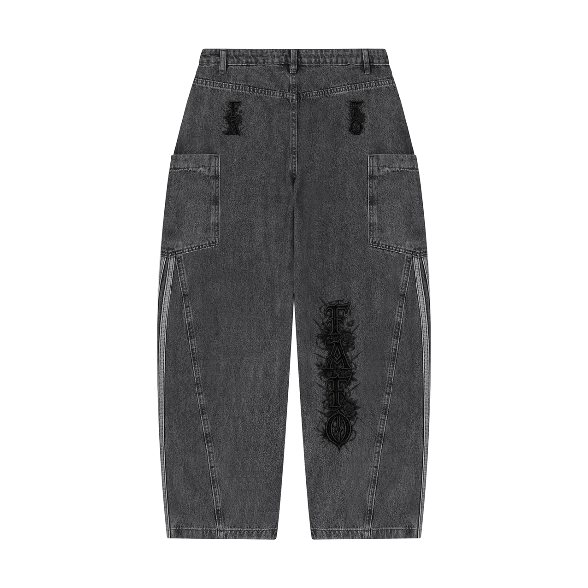 Back of black vintage wash barrel leg jeans with small Gothic lettering on both back pockets and Gothic FAFO lettering on one leg