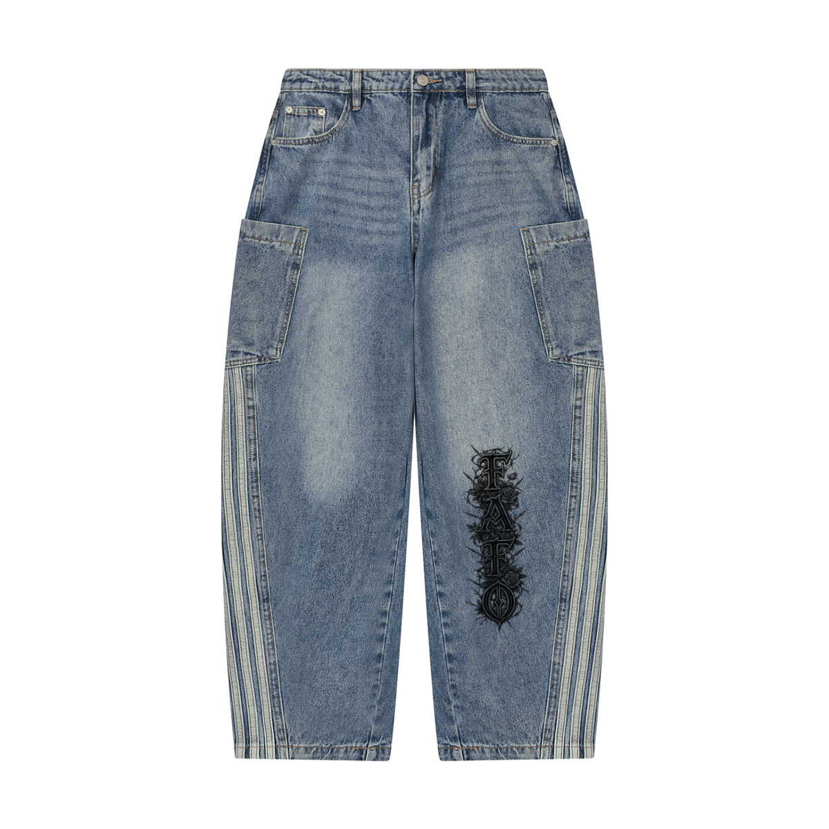Front of jeans blue vintage wash barrel leg jeans with side patch pockets, light stripes down each side seam and black Gothic FAFO lettering on one leg