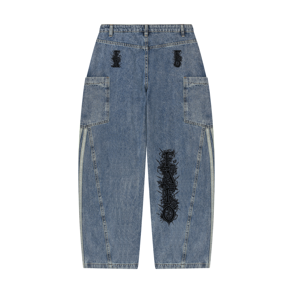 Back of jeans blue vintage wash barrel leg jeans with small Gothic lettering on both back pockets and Gothic FAFO lettering on one leg