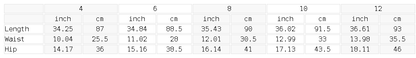 Size chart for the Women's Bodycon Ankle-Length Leggings