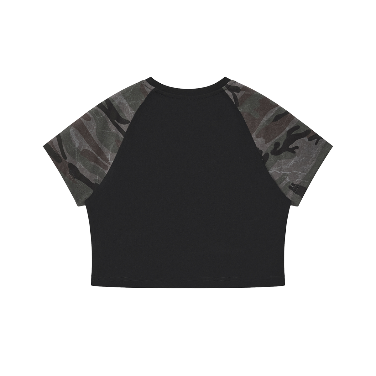 Women's Bodycon Camo Raglan T-Shirt in black with gray camo, alternate angle