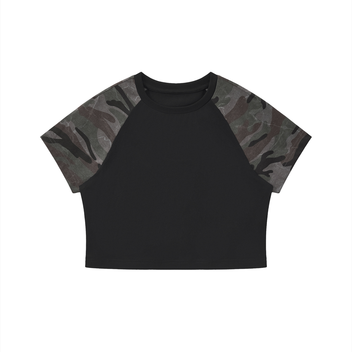 Women's Bodycon Camo Raglan T-Shirt in black with gray camo