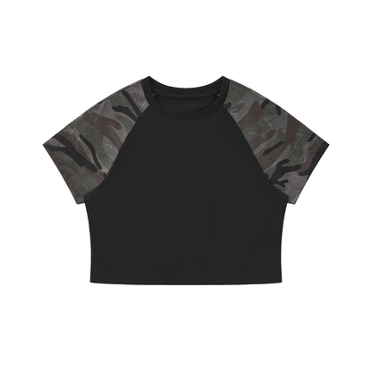Women's Bodycon Camo Raglan T-Shirt in black with gray camo